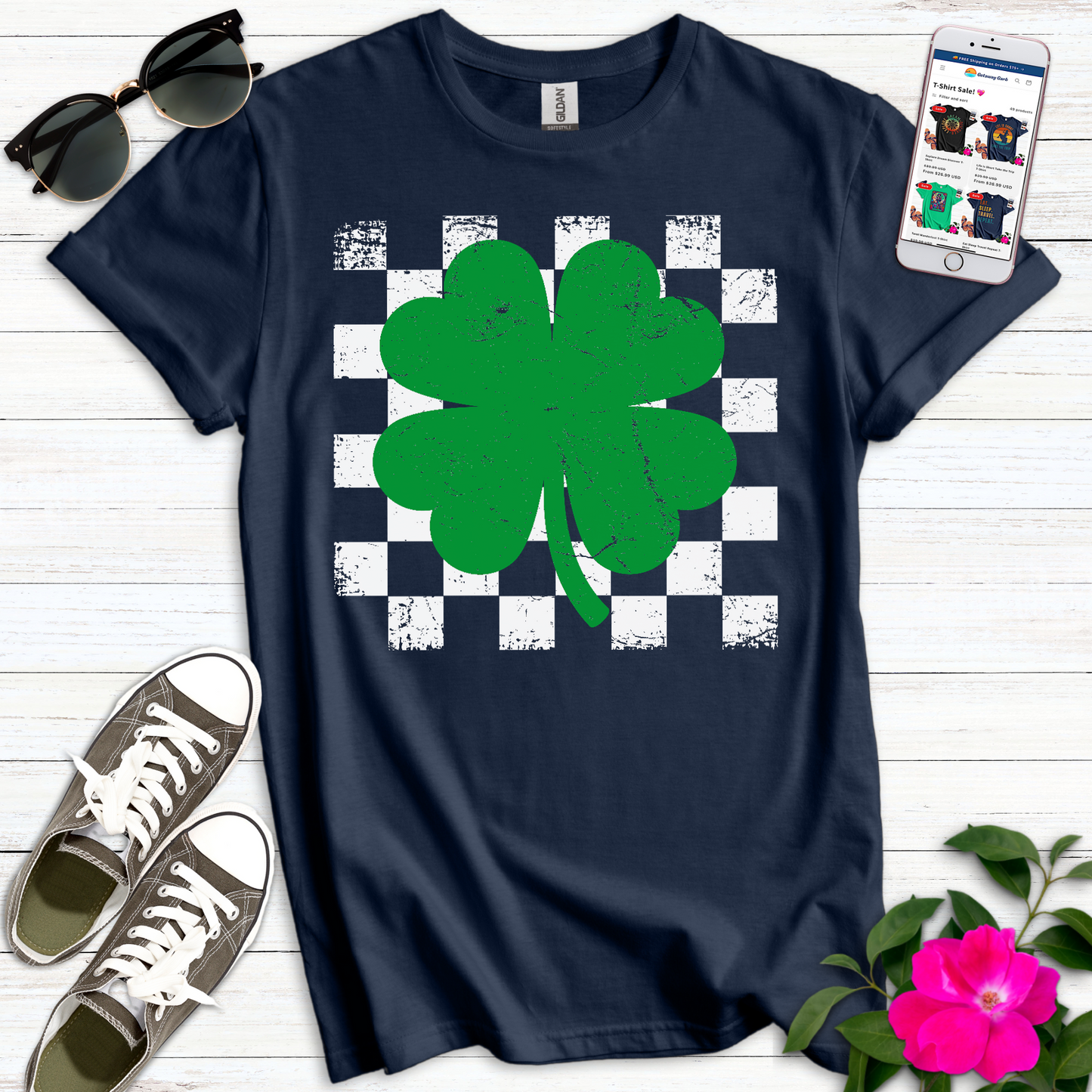 4-Leaf Clover Checkerboard T-Shirt