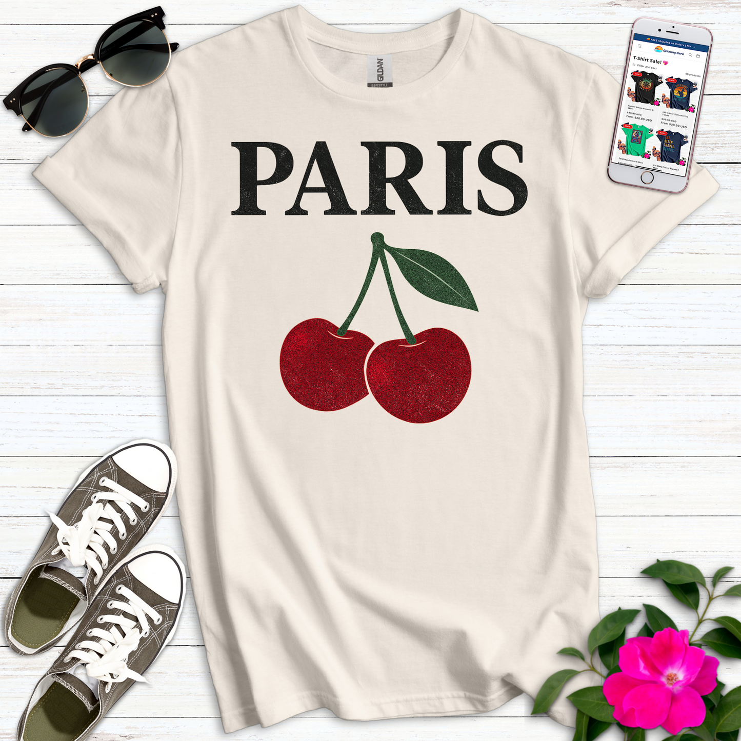 Paris Cherries Vintage Distressed T-Shirt