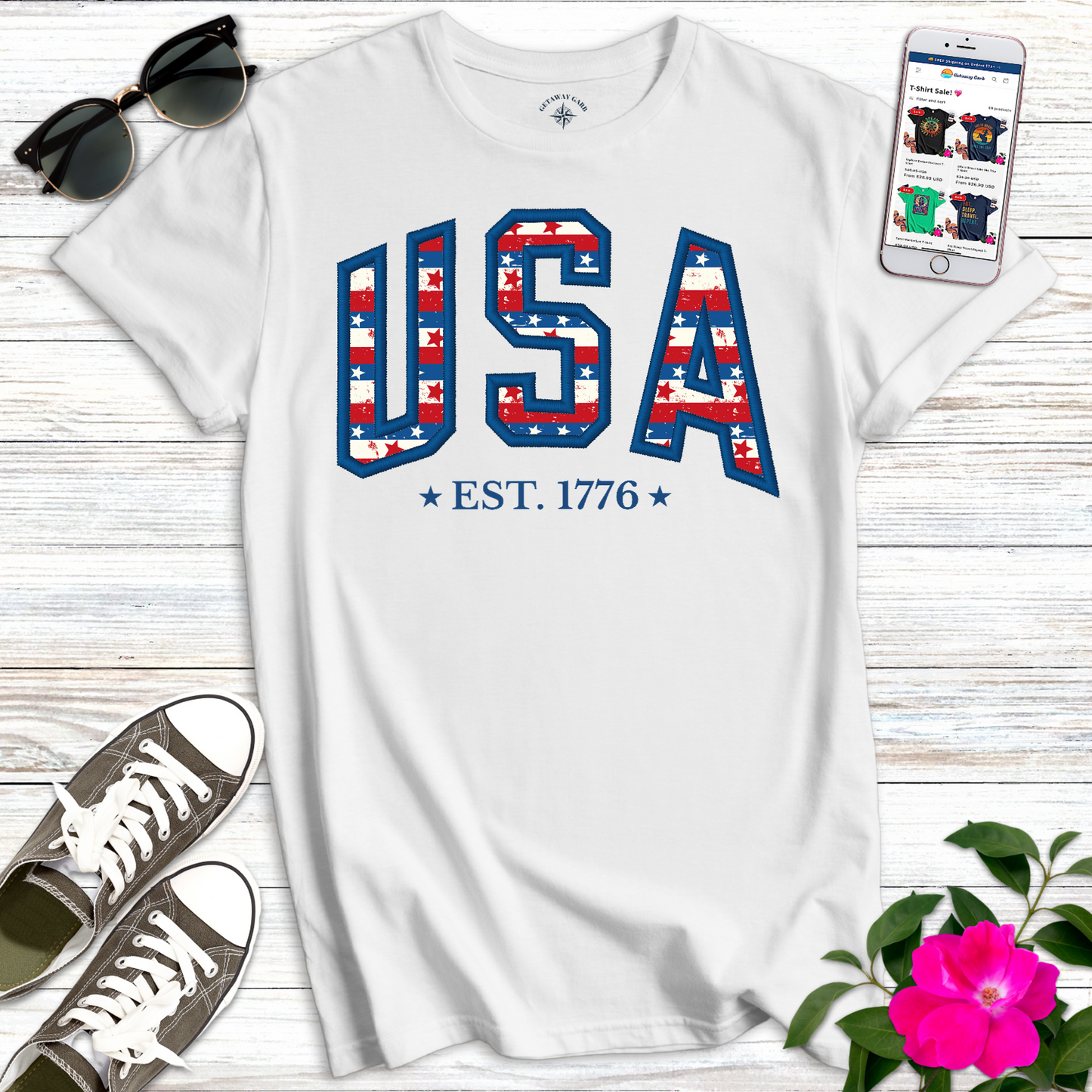 USA Stars Stripes Embroidery Style T-Shirt
