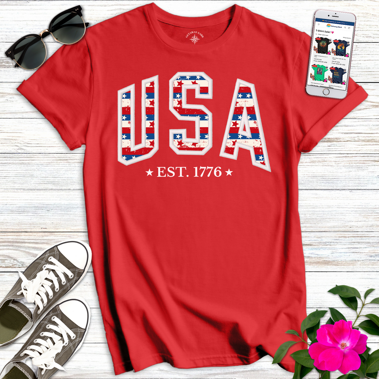 USA Stars & Stripes in White T-Shirt
