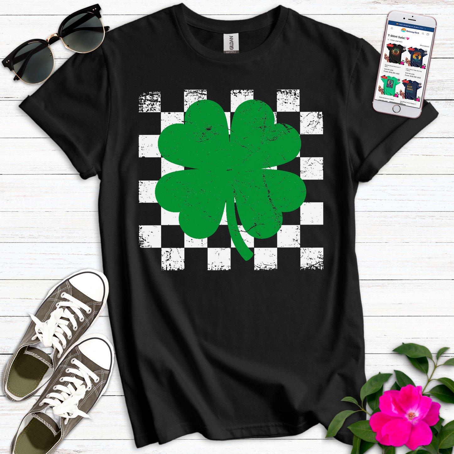 4-Leaf Clover Checkerboard T-Shirt
