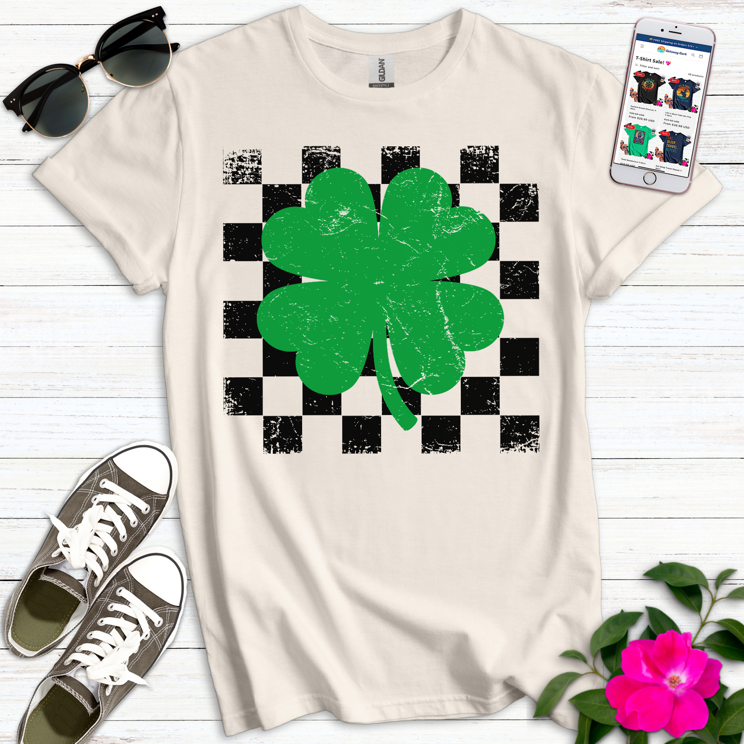 4-Leaf Clover Checkerboard T-Shirt