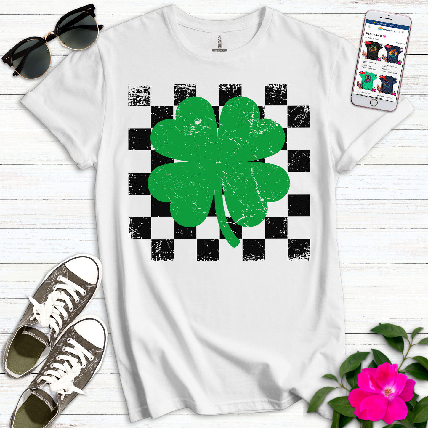 4-Leaf Clover Checkerboard T-Shirt
