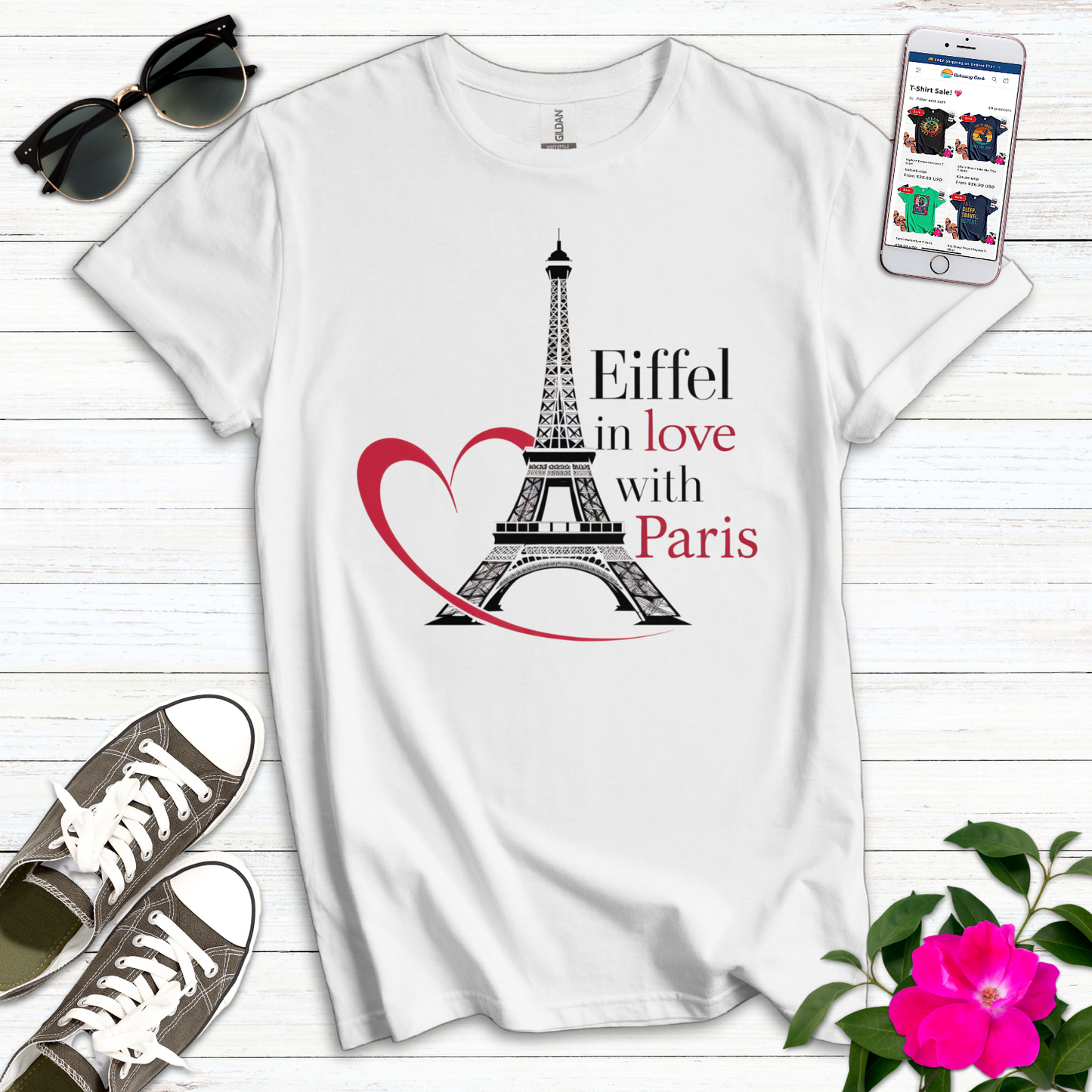 Eiffel in Love With Paris Heart T-Shirt