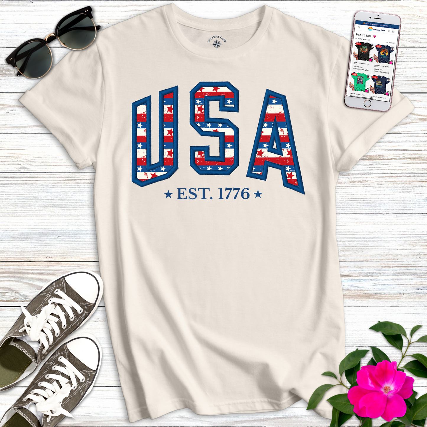 USA Stars Stripes Embroidery Style T-Shirt