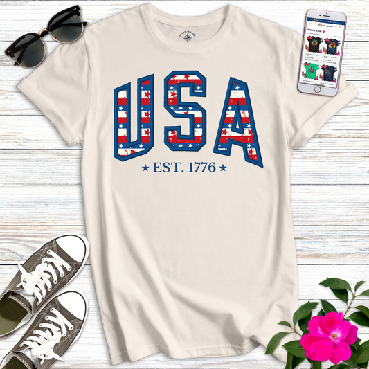 USA Stars Stripes Embroidery Style T-Shirt