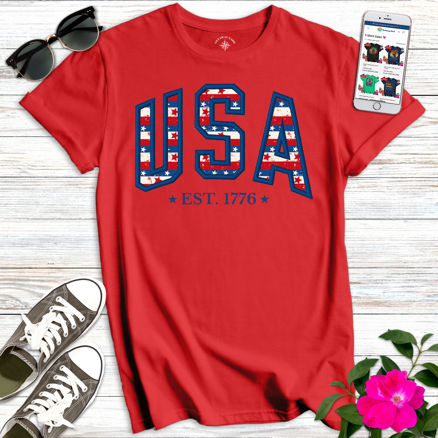 USA Stars Stripes Embroidery Style T-Shirt