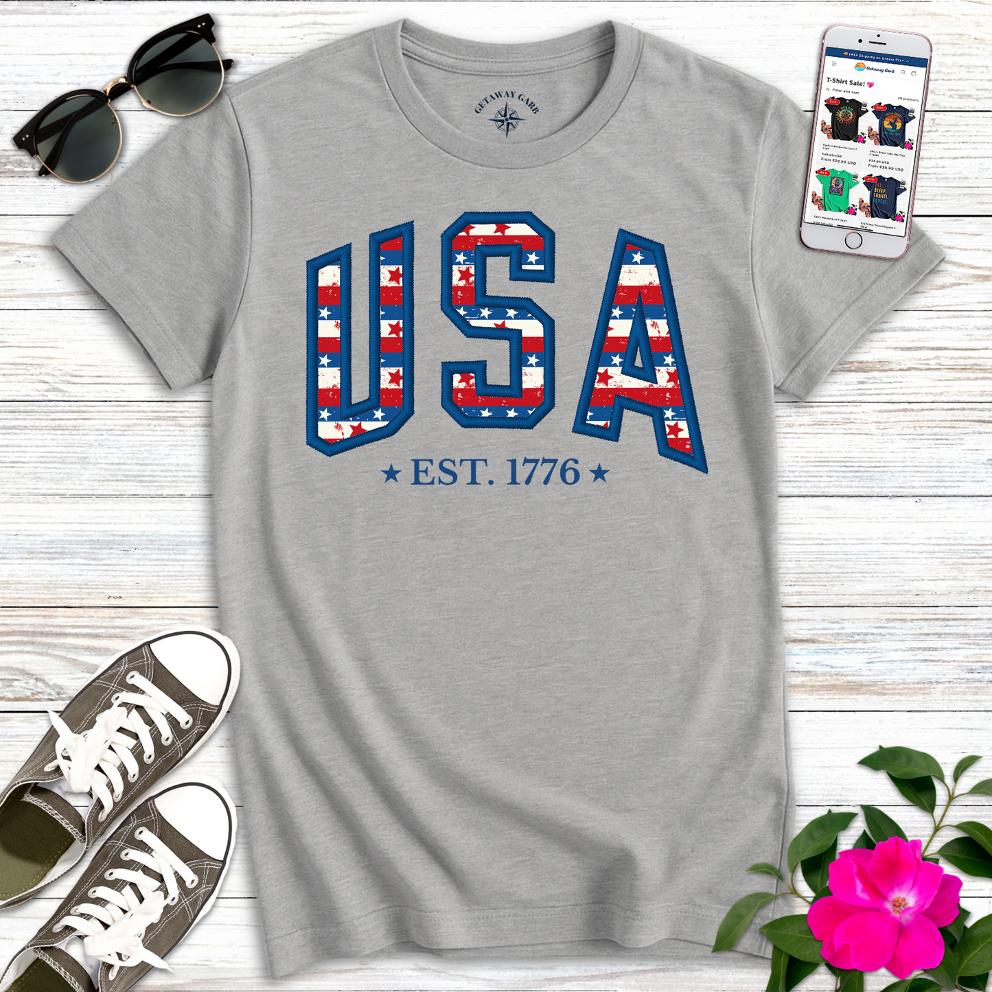 USA Stars Stripes Embroidery Style T-Shirt