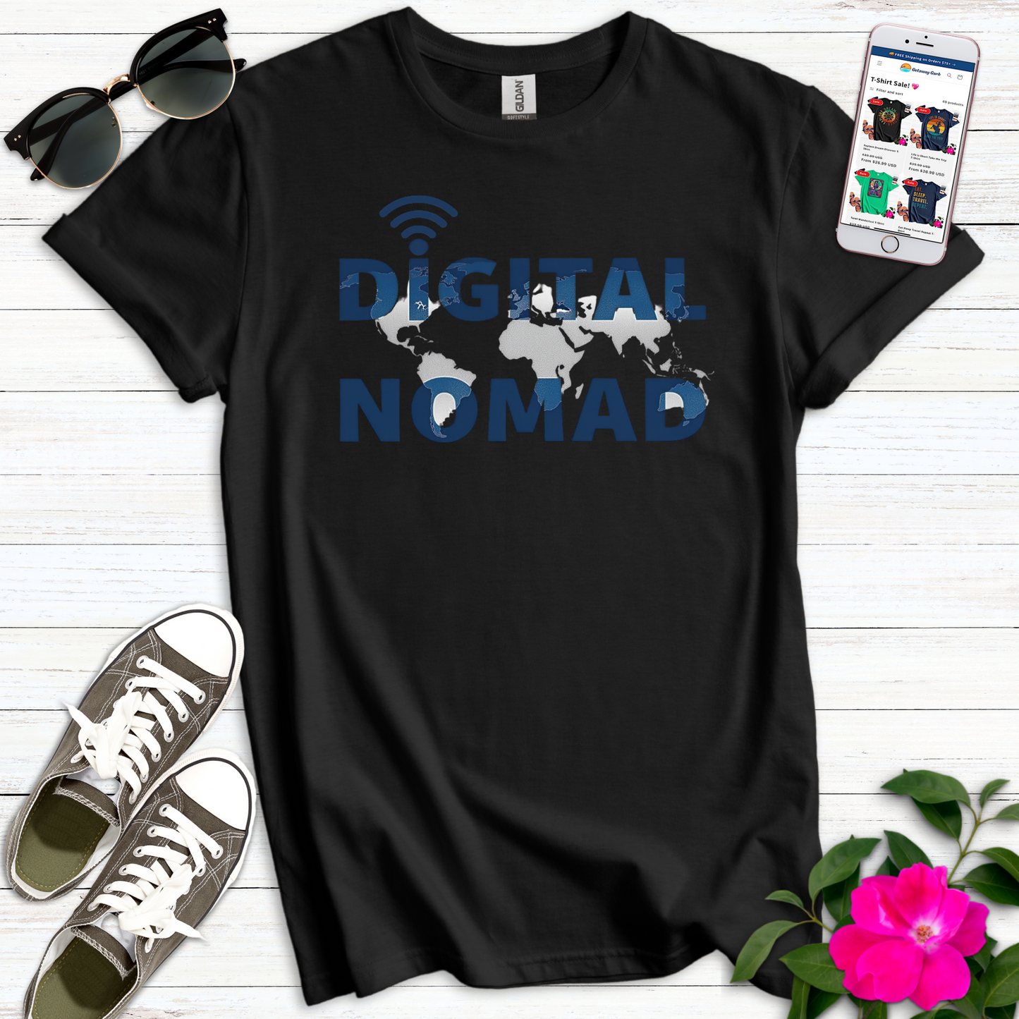 Digital Nomad Blue Grey Map T-Shirt