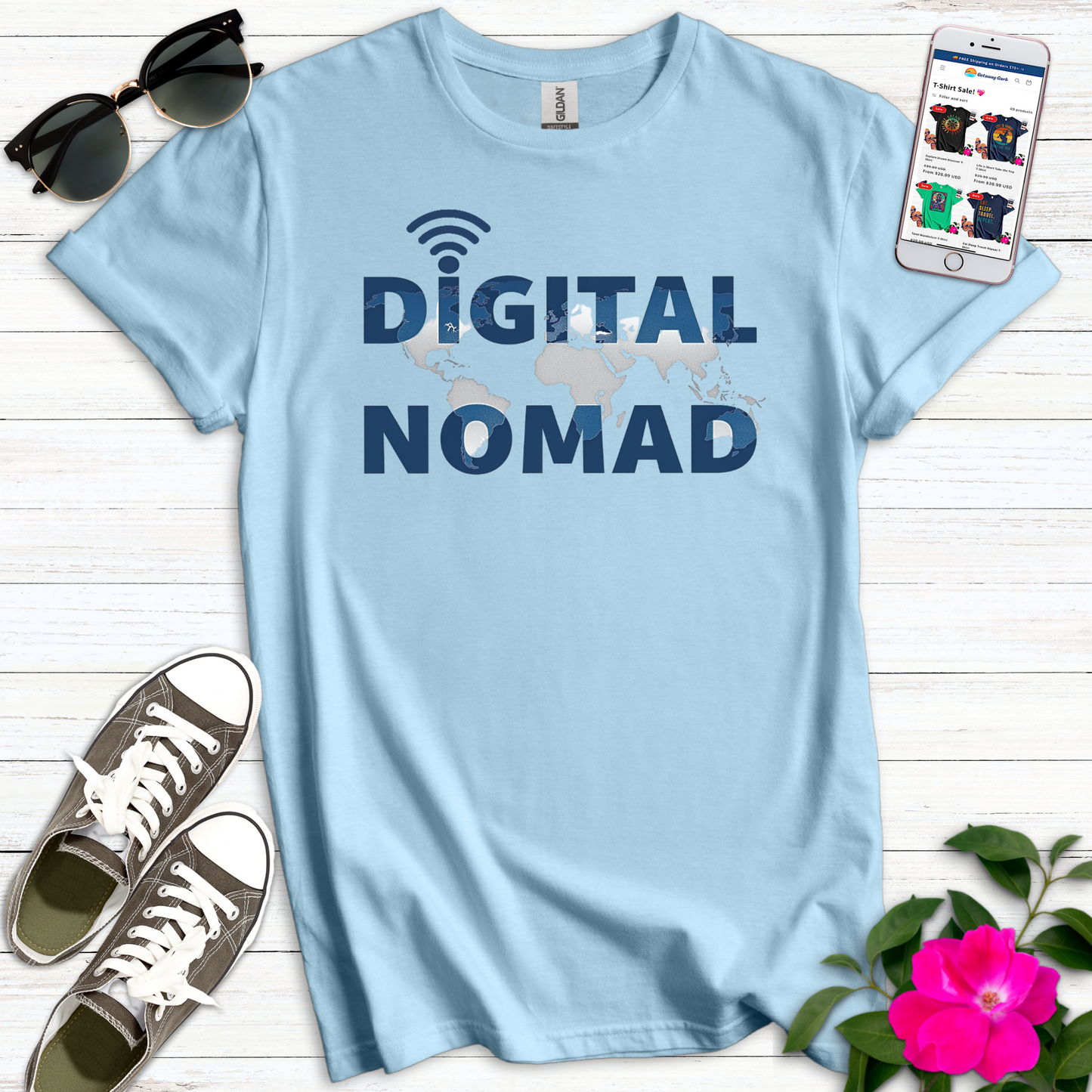 Digital Nomad Blue Grey Map T-Shirt