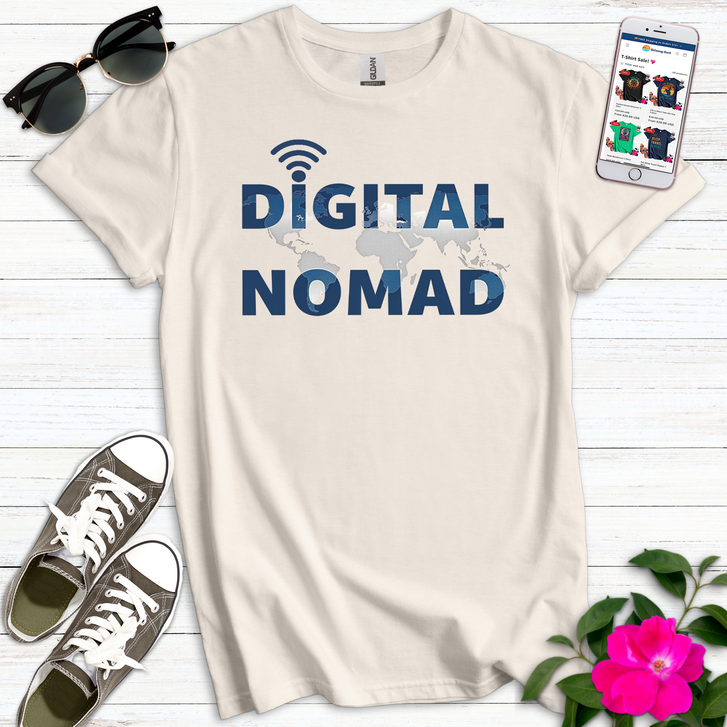Digital Nomad Blue Grey Map T-Shirt