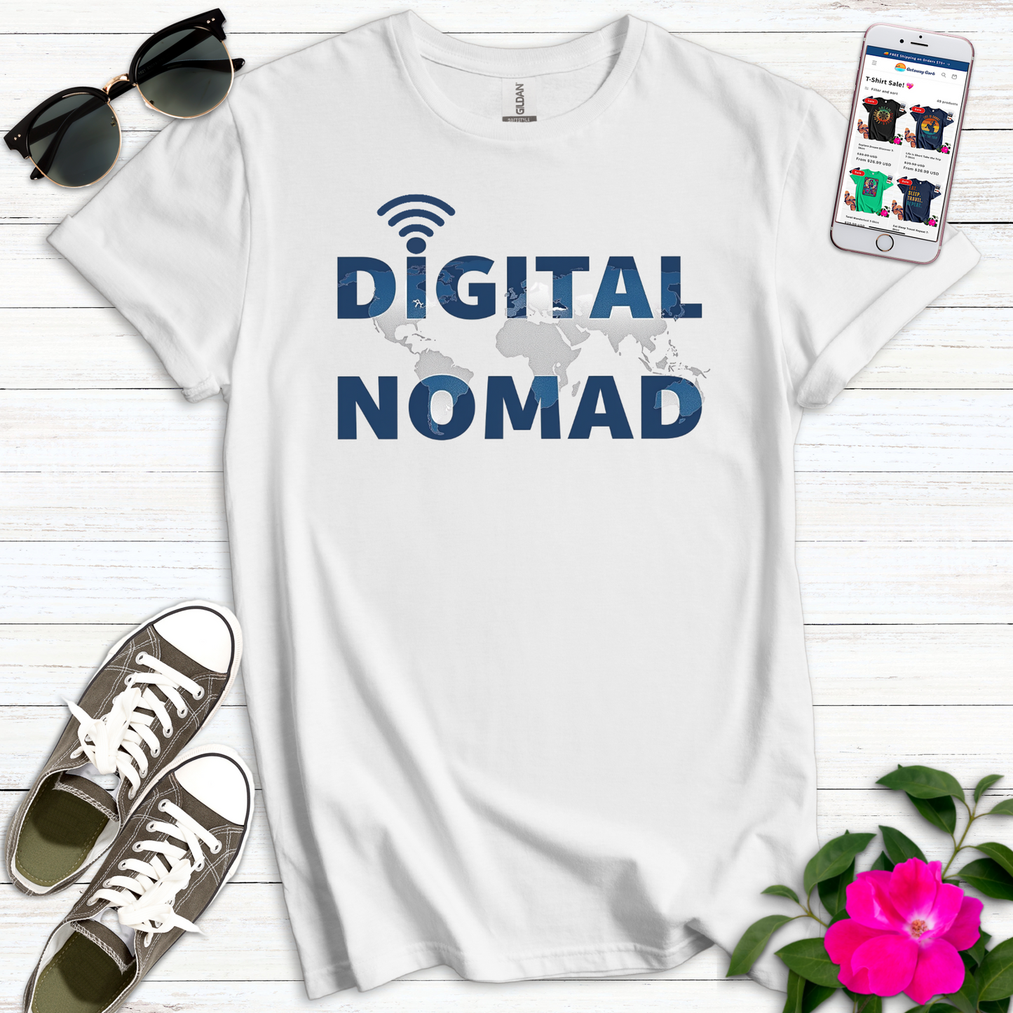 Digital Nomad Blue Grey Map T-Shirt