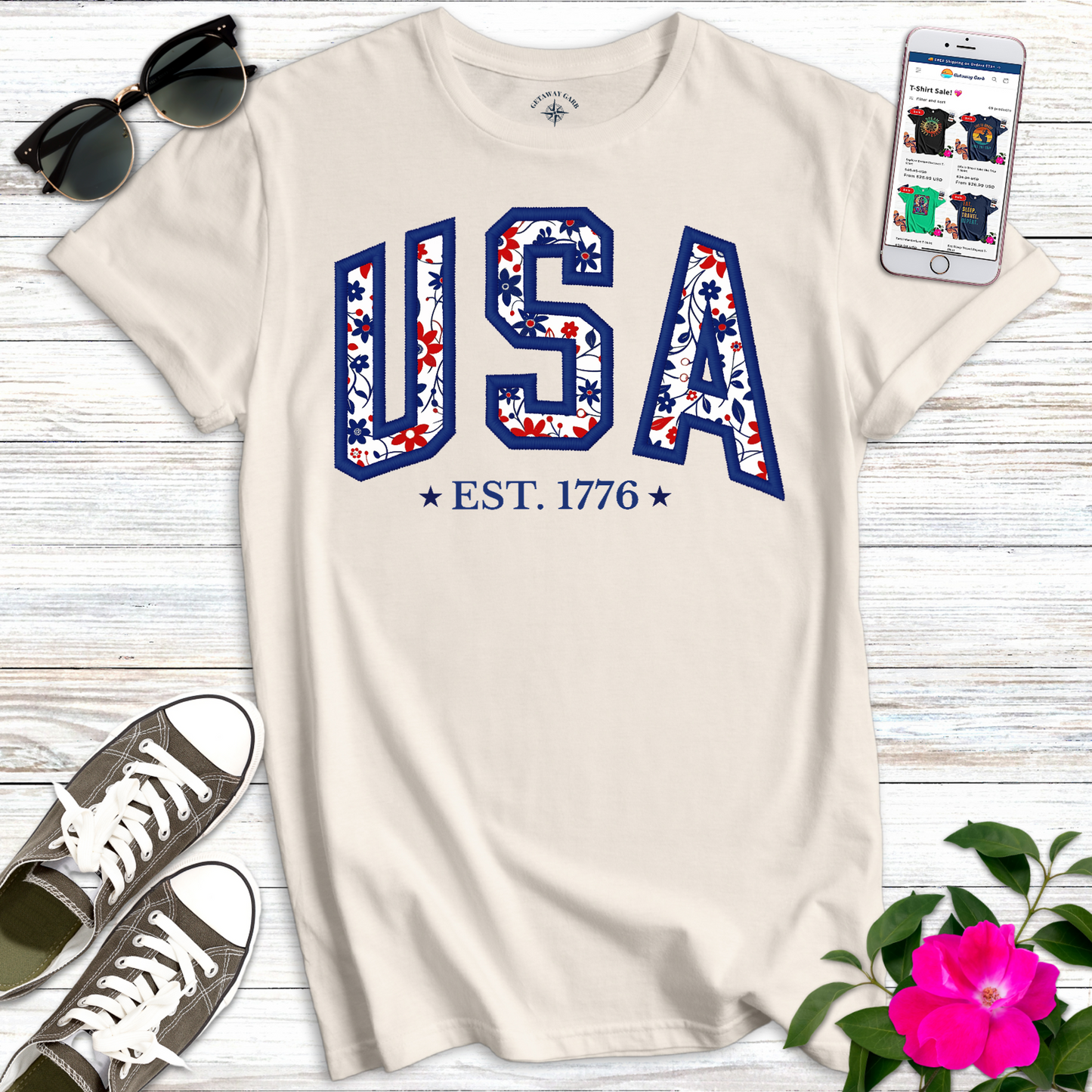Pretty Navy Floral USA T-Shirt