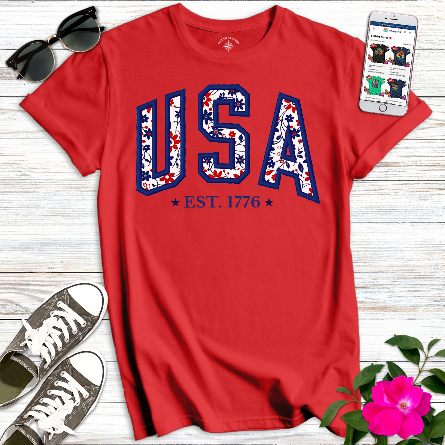 Pretty Navy Floral USA T-Shirt