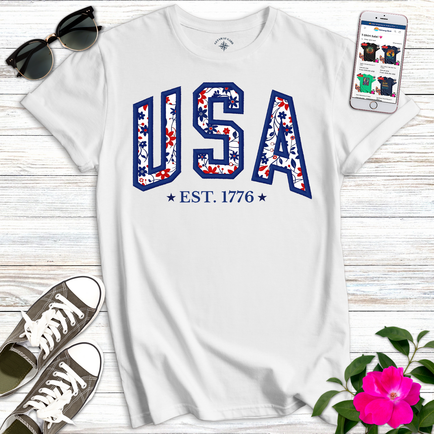 Pretty Navy Floral USA T-Shirt