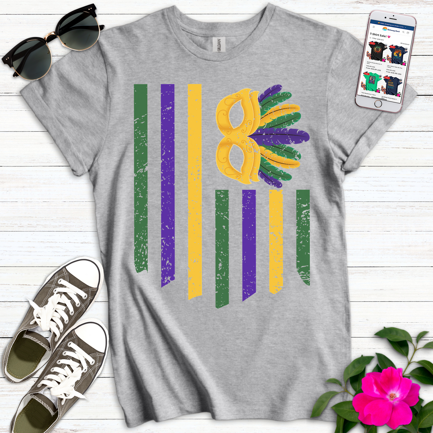 Mardi Gras Flag Mask T-Shirt