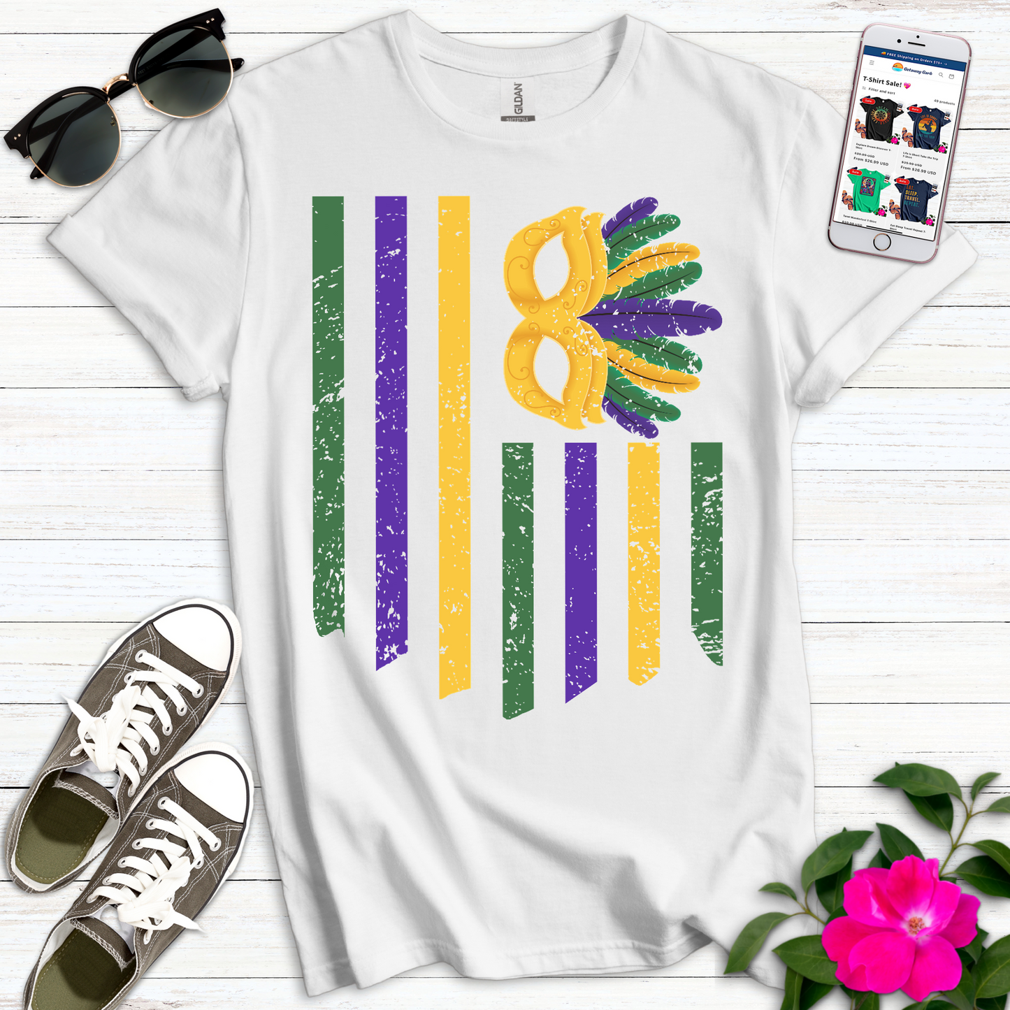 Mardi Gras Flag Mask T-Shirt