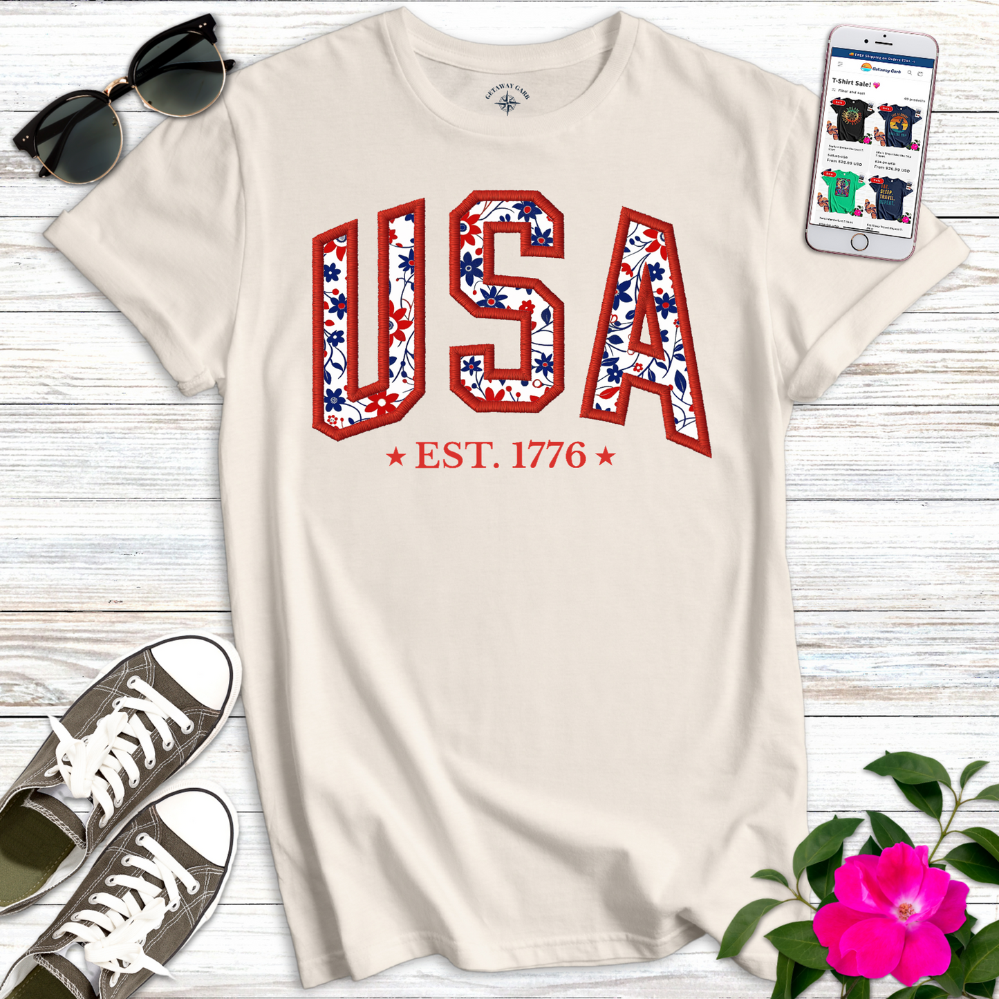Pretty USA Floral Embroidery Style T-Shirt
