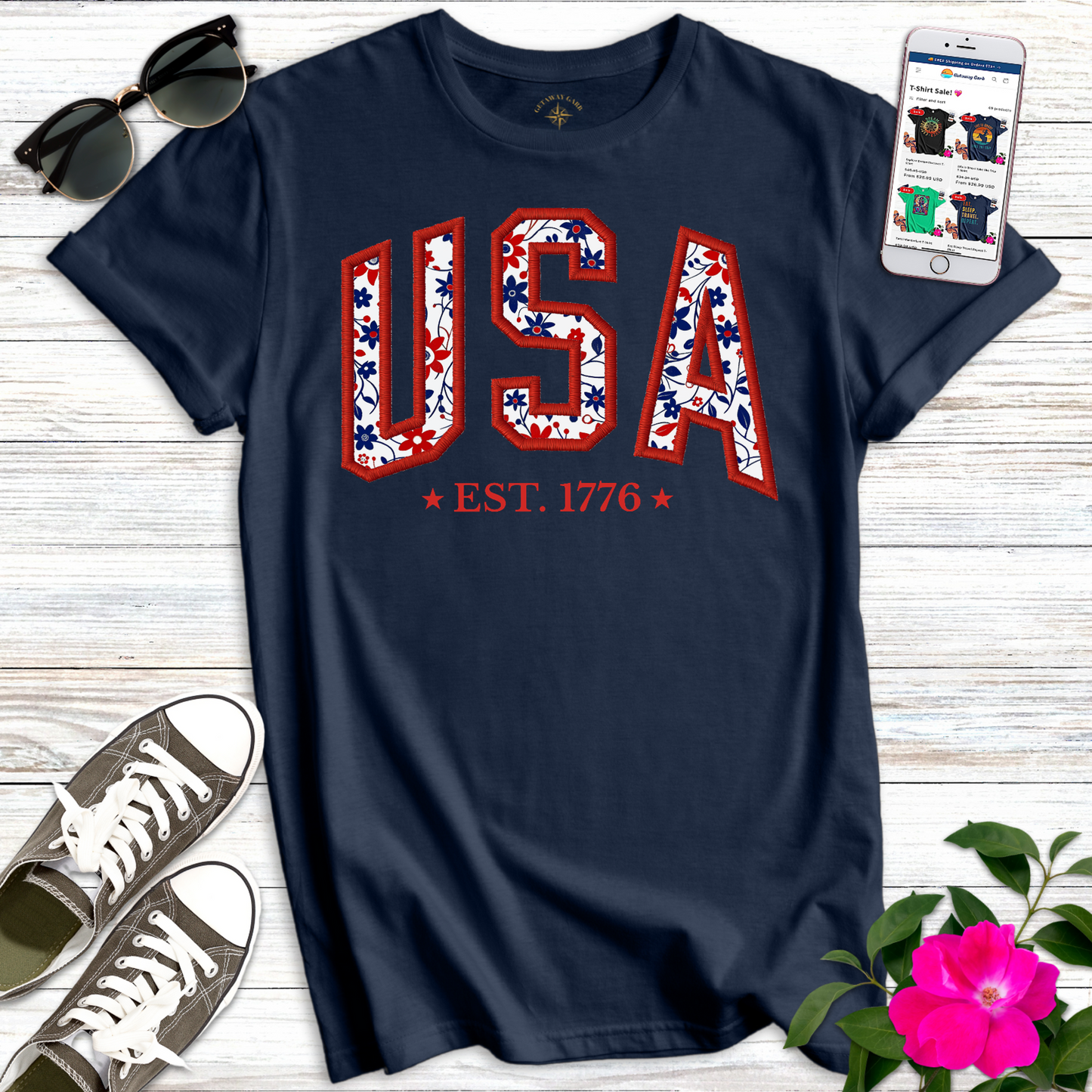 Pretty USA Floral Embroidery Style T-Shirt