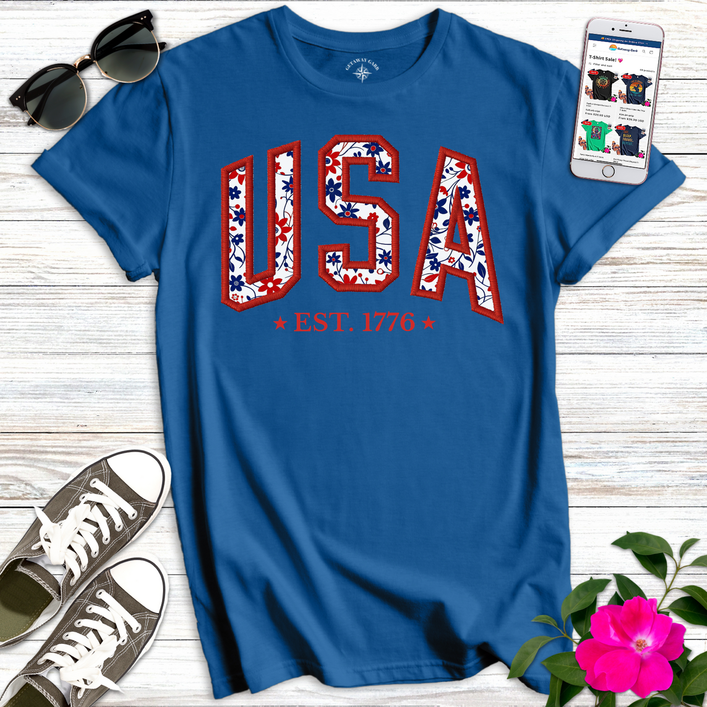 Pretty USA Floral Embroidery Style T-Shirt