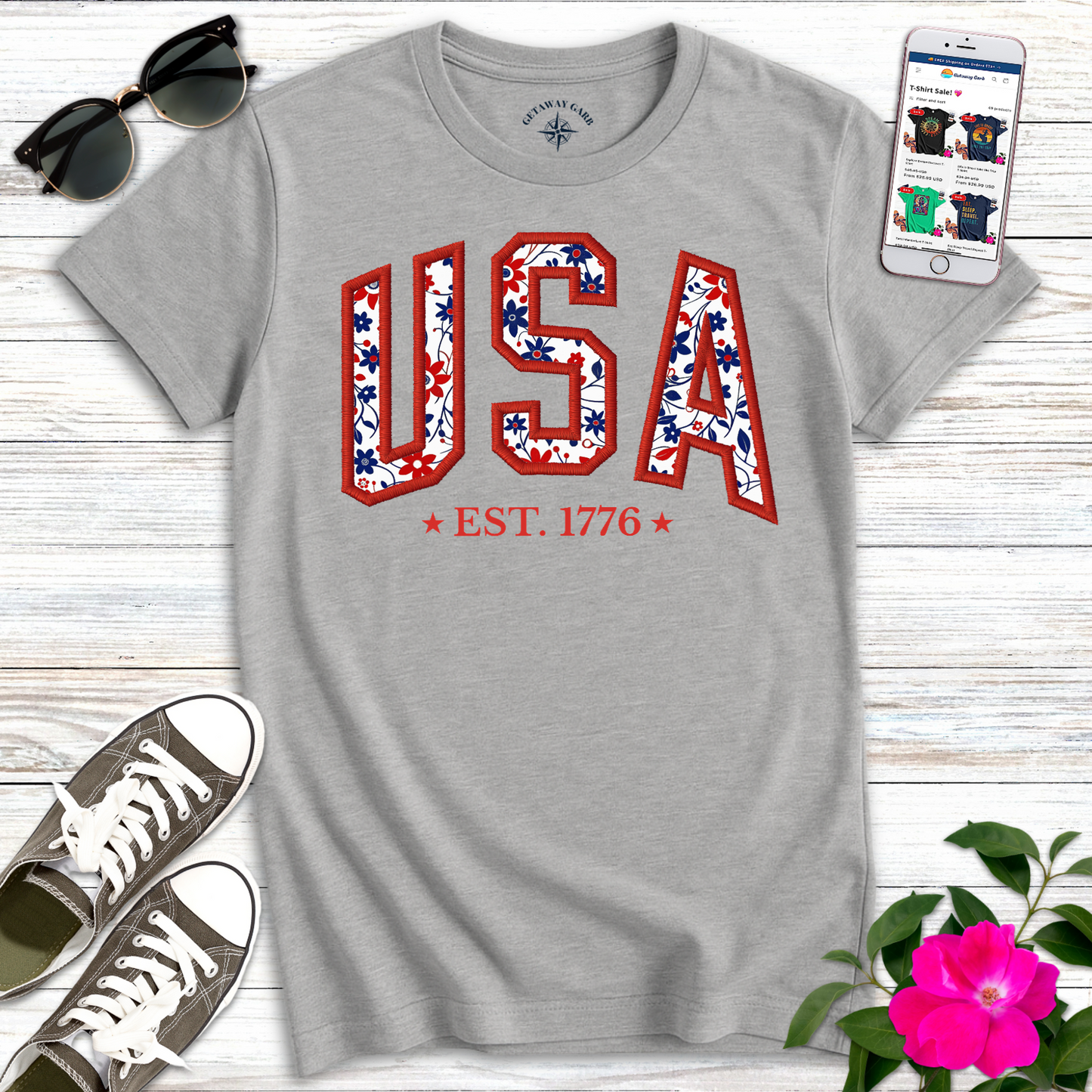 Pretty USA Floral Embroidery Style T-Shirt