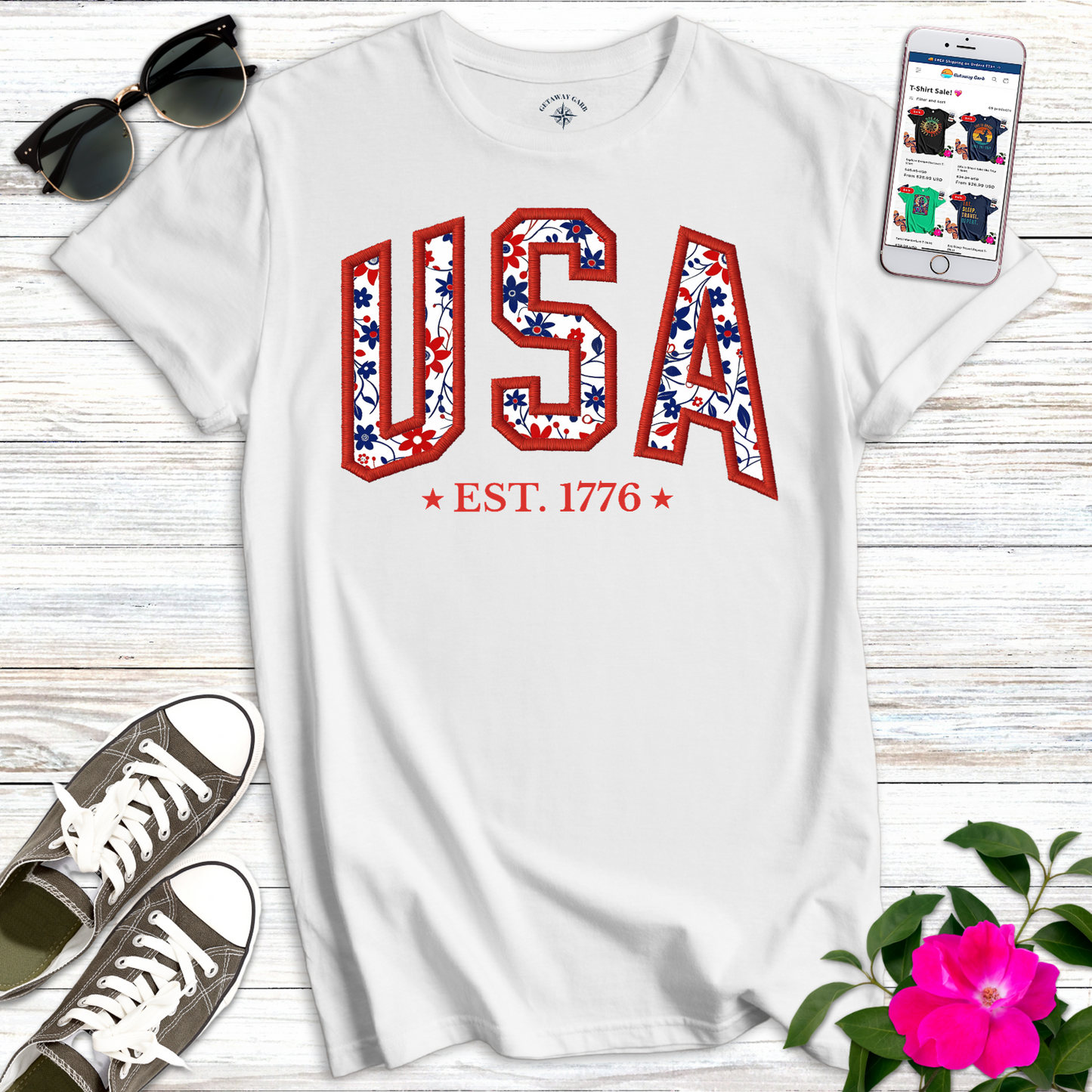 Pretty USA Floral Embroidery Style T-Shirt