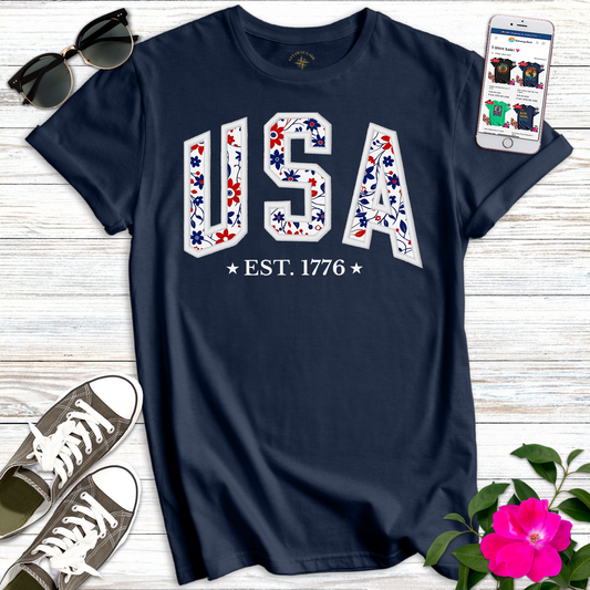 USA Floral 1776 Embroidery Style T-Shirt