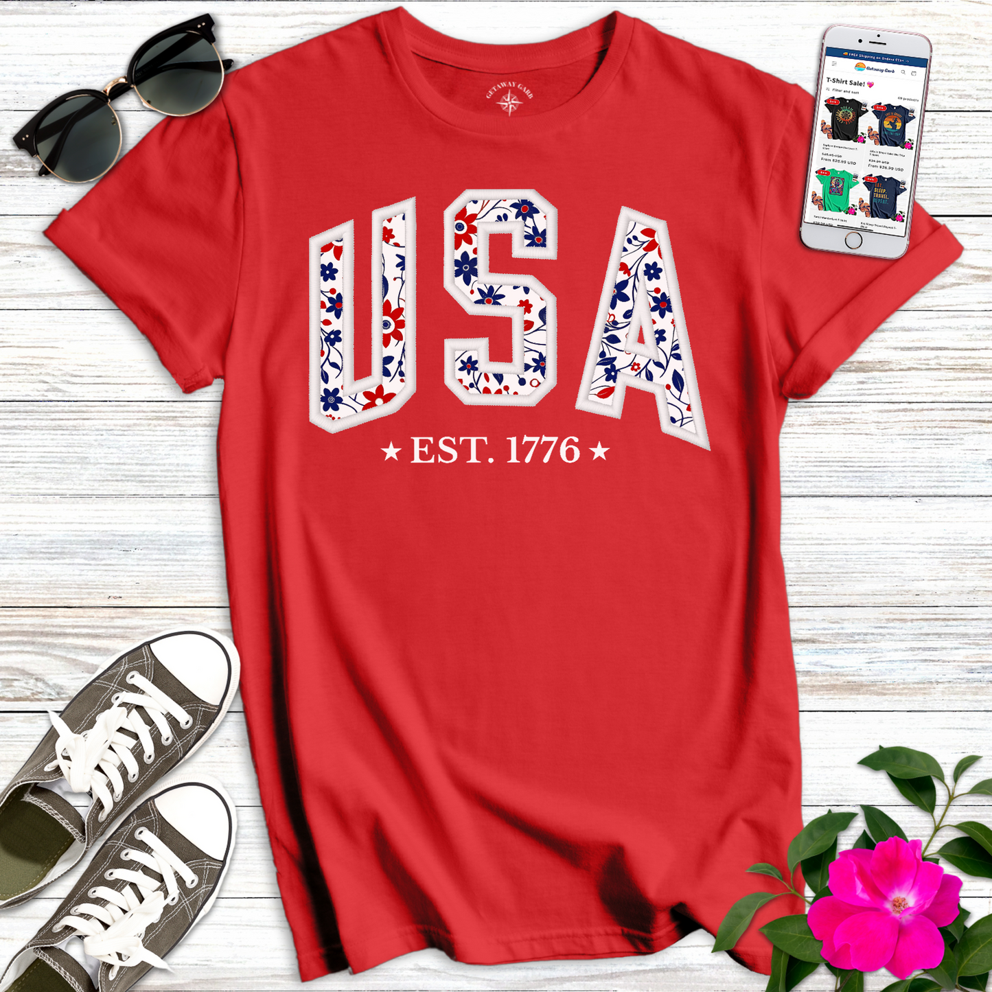 USA Floral 1776 Embroidery Style T-Shirt