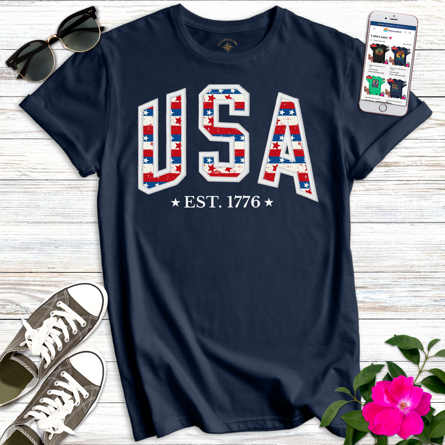 USA Stars & Stripes in White T-Shirt